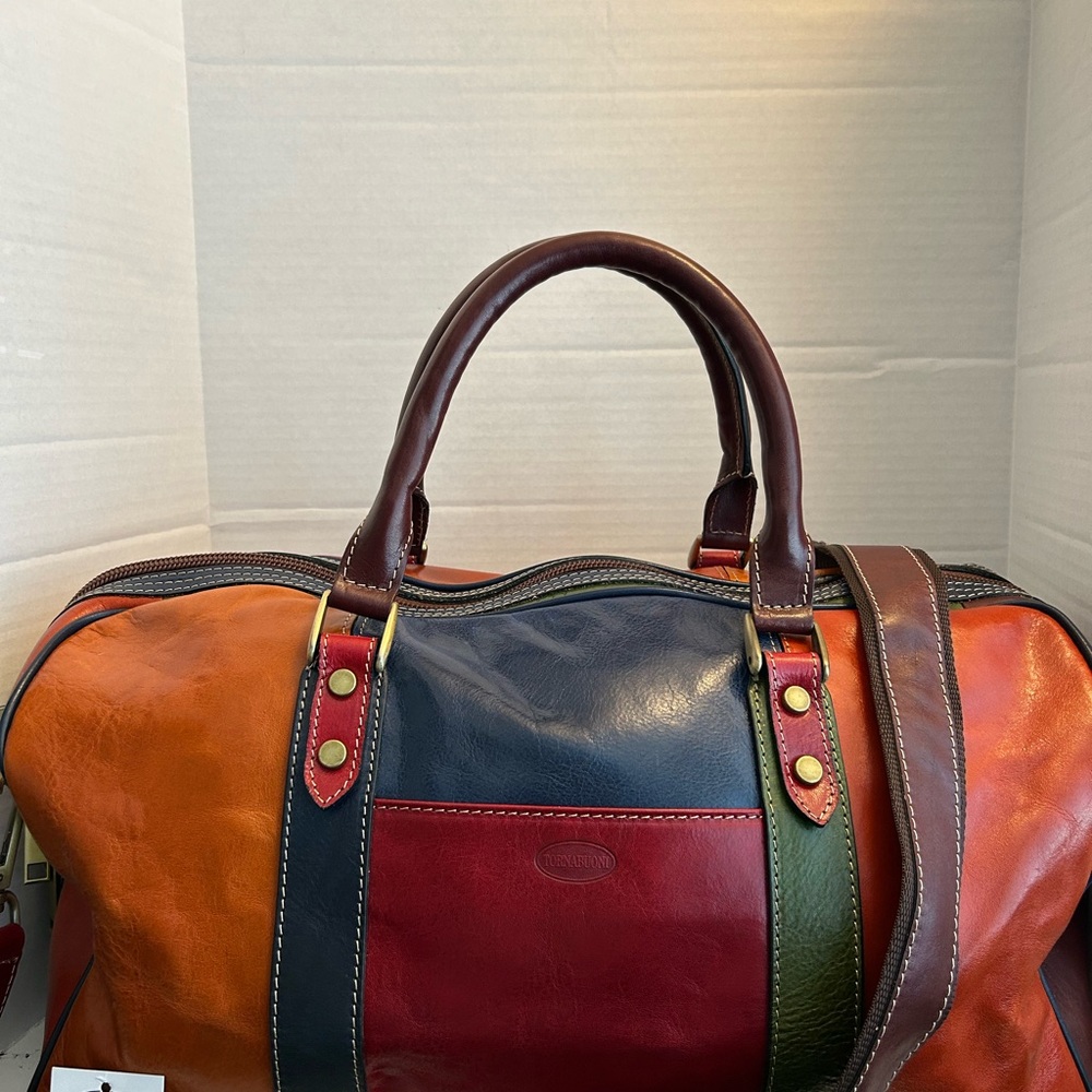 Tornabuoni Duffle bag leather luggage Burgundy Chestnut Brown Made in Italy New - Picture 7 of 13